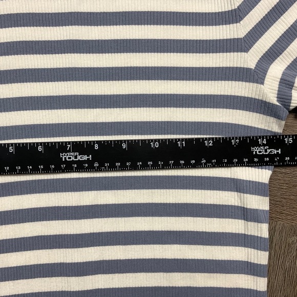 PAIGE Senne Tee Womens Medium Blue Ivory Striped Ribbed Lettuce Hem Top Preppy - Picture 6 of 9